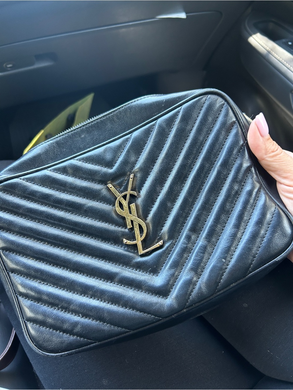 Yves Saint Laurent Black Quilted Chevron Leather Camera Bag with Gold YSL Emblem